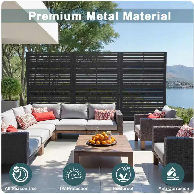 Outdoor Metal Privacy Screen 6ft 4ft Black, 6-Panel Wide-Narrow Louvered Galvanized Iron for Garden
