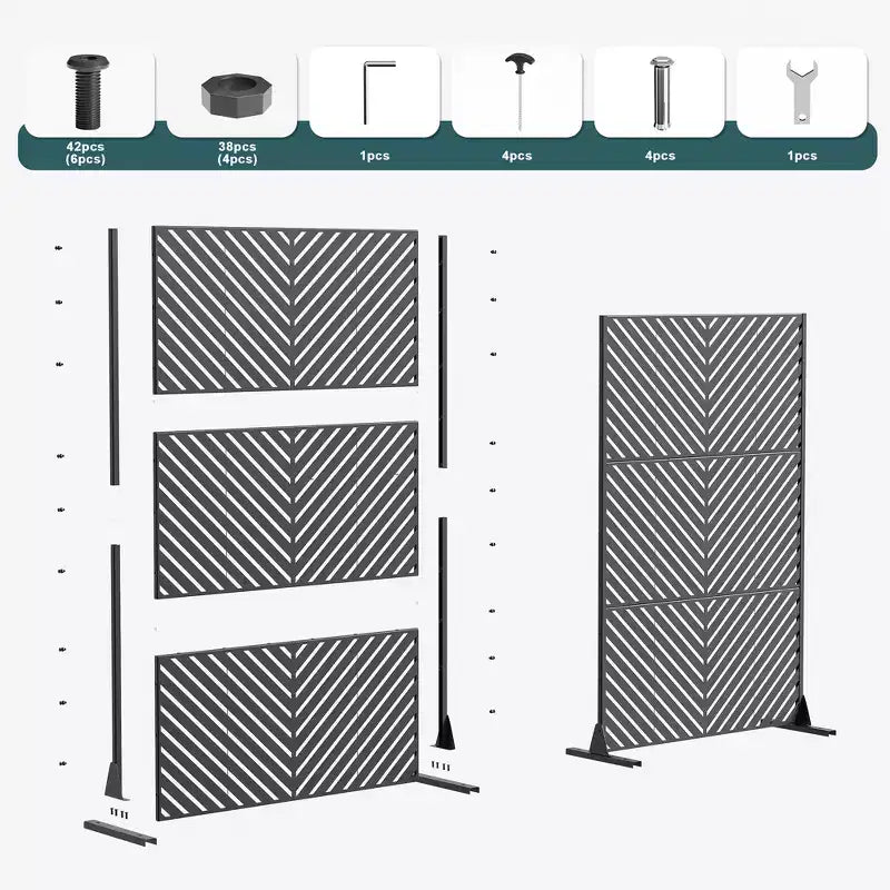 Outdoor Metal Privacy Screen 6ft 4ft Black, 6-Panel Wide-Narrow Louvered Galvanized Iron for Garden