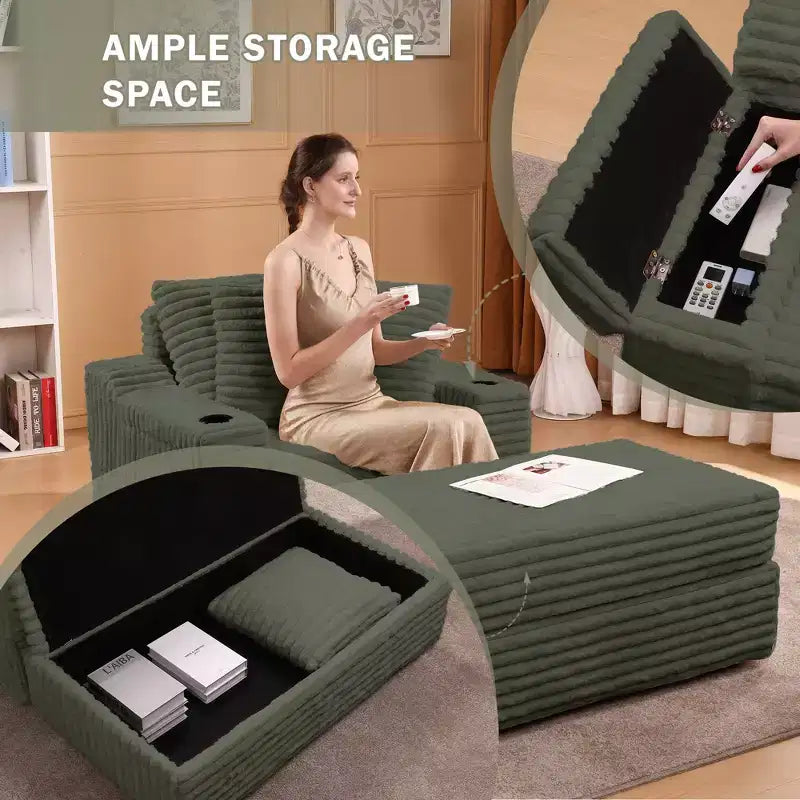 Oversized Chaise Lounge Chair Indoor with Storage Ottoman, Upholstered Corduroy Sofa Bed Cloud Couch with 3 Pillows for Living Room, Bedroom