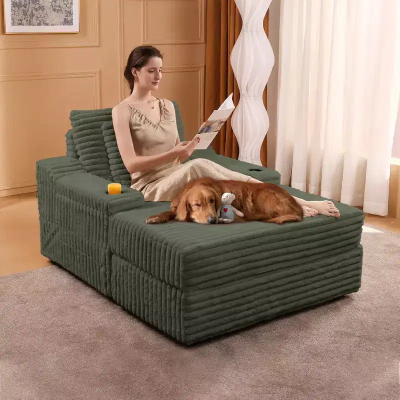 Oversized Chaise Lounge Chair Indoor with Storage Ottoman, Upholstered Corduroy Sofa Bed Cloud Couch with 3 Pillows for Living Room, Bedroom