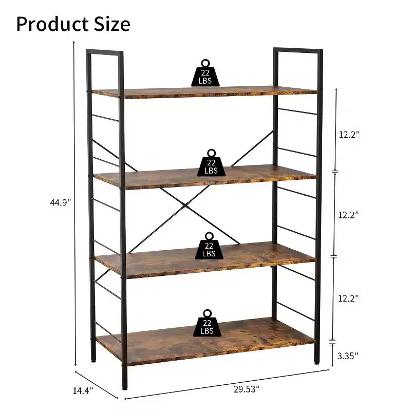 4 Tier Bookshelf, Metal Frame Bookcase, Industrial Wood Bookshelf Books Storage Rack Shelves for Home Office Living Room, 14D x 29.5W x 45H