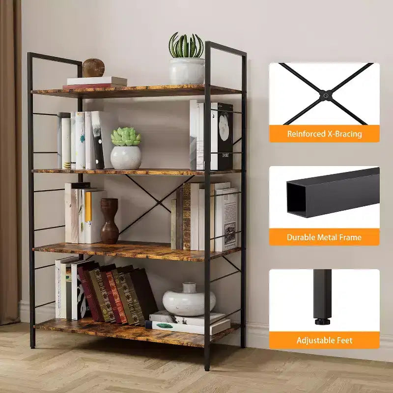 4 Tier Bookshelf, Metal Frame Bookcase, Industrial Wood Bookshelf Books Storage Rack Shelves for Home Office Living Room, 14D x 29.5W x 45H