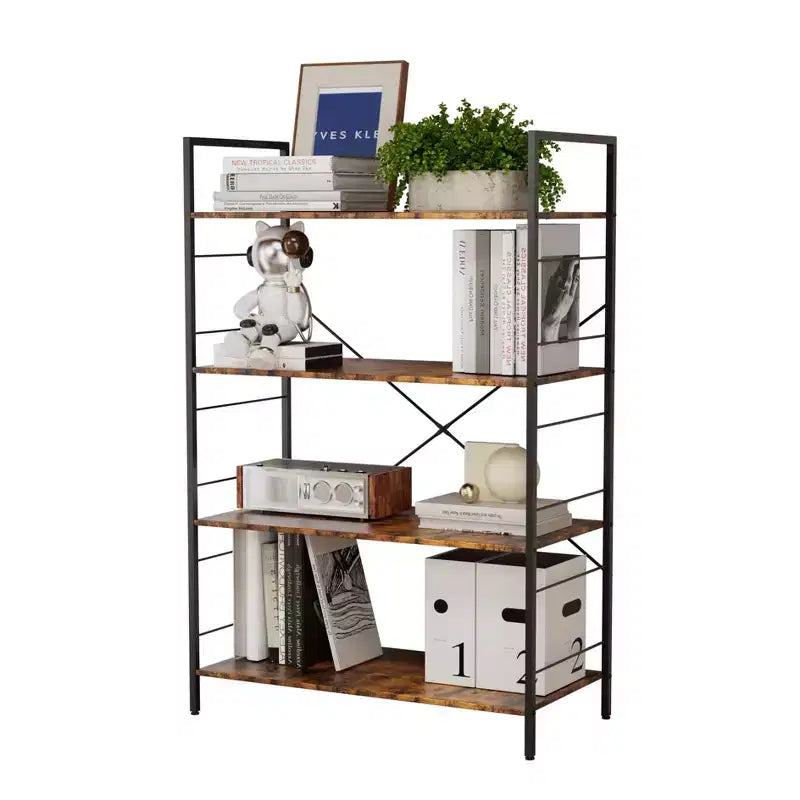 4 Tier Bookshelf, Metal Frame Bookcase, Industrial Wood Bookshelf Books Storage Rack Shelves for Home Office Living Room, 14D x 29.5W x 45H