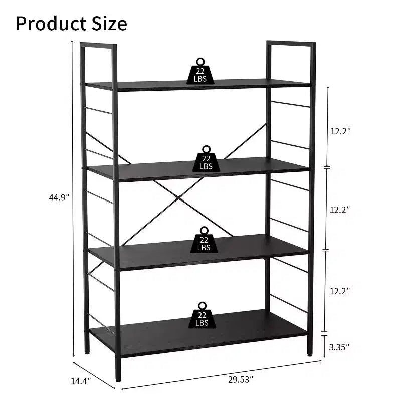 4 Tier Bookshelf, Metal Frame Bookcase, Industrial Wood Bookshelf Books Storage Rack Shelves for Home Office Living Room, 14D x 29.5W x 45H
