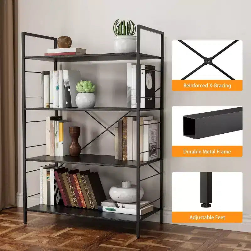 4 Tier Bookshelf, Metal Frame Bookcase, Industrial Wood Bookshelf Books Storage Rack Shelves for Home Office Living Room, 14D x 29.5W x 45H