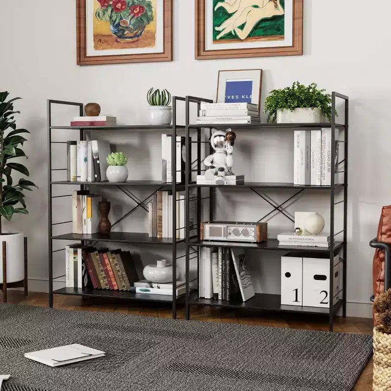 4 Tier Bookshelf, Metal Frame Bookcase, Industrial Wood Bookshelf Books Storage Rack Shelves for Home Office Living Room, 14D x 29.5W x 45H