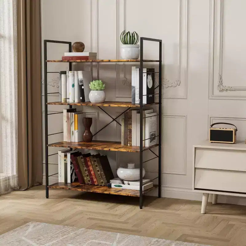 4 Tier Bookshelf, Metal Frame Bookcase, Industrial Wood Bookshelf Books Storage Rack Shelves for Home Office Living Room, 14D x 29.5W x 45H