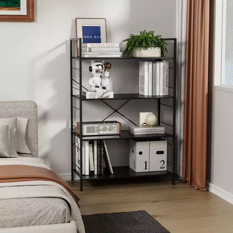 4 Tier Bookshelf, Metal Frame Bookcase, Industrial Wood Bookshelf Books Storage Rack Shelves for Home Office Living Room, 14D x 29.5W x 45H