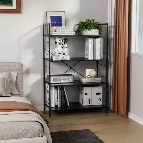 4 Tier Bookshelf, Metal Frame Bookcase, Industrial Wood Bookshelf Books Storage Rack Shelves for Home Office Living Room, 14D x 29.5W x 45H