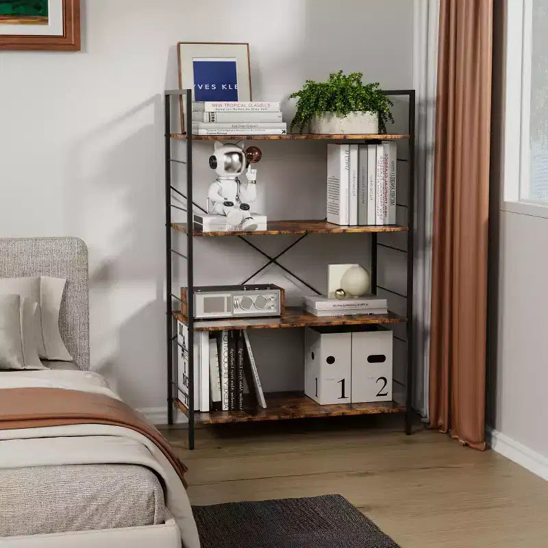4 Tier Bookshelf, Metal Frame Bookcase, Industrial Wood Bookshelf Books Storage Rack Shelves for Home Office Living Room, 14D x 29.5W x 45H