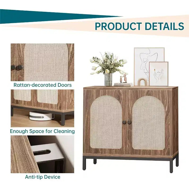 2-Pack Rattan Sideboard Cabinets with Adjustable Shelves, Farmhouse Storage Buffets with Woven Doors,Brown