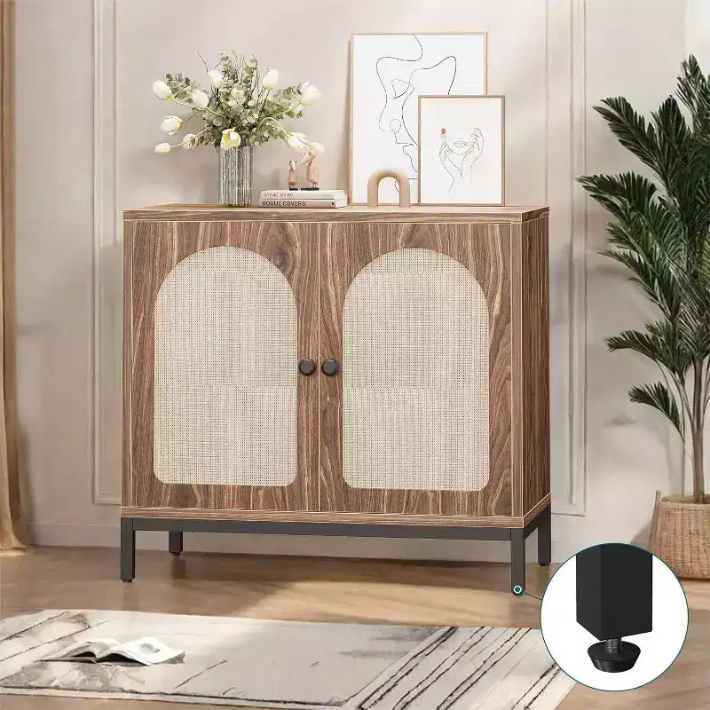 2-Pack Rattan Sideboard Cabinets with Adjustable Shelves, Farmhouse Storage Buffets with Woven Doors,Brown