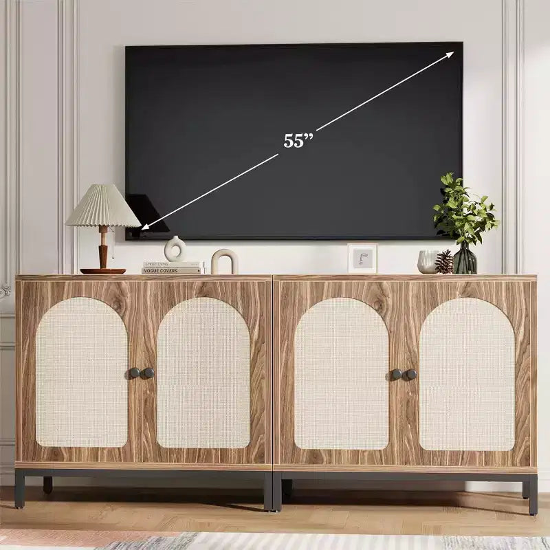 2-Pack Rattan Sideboard Cabinets with Adjustable Shelves, Farmhouse Storage Buffets with Woven Doors,Brown
