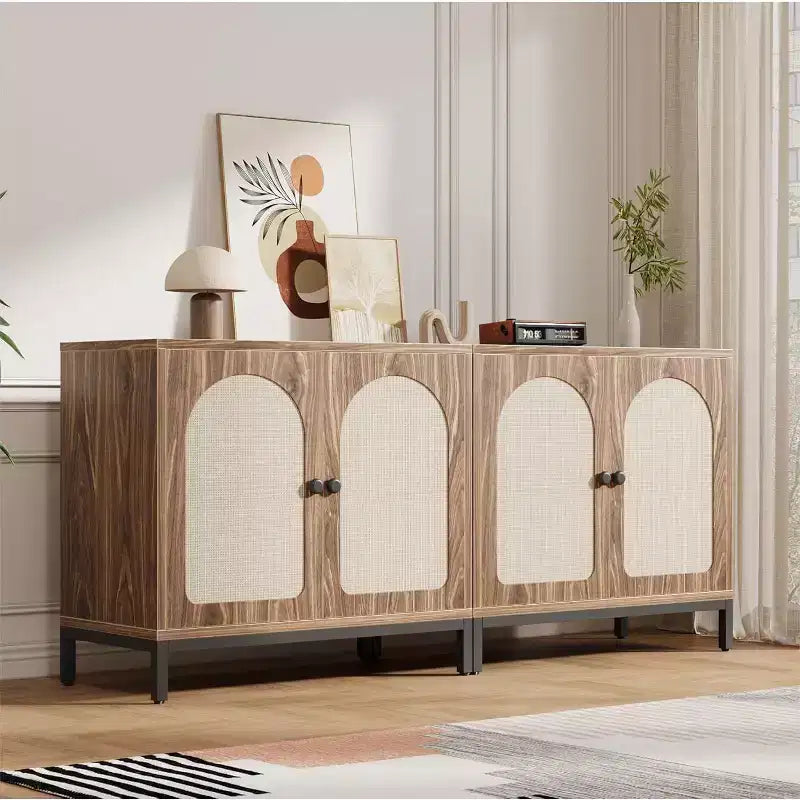 2-Pack Rattan Sideboard Cabinets with Adjustable Shelves, Farmhouse Storage Buffets with Woven Doors,Brown