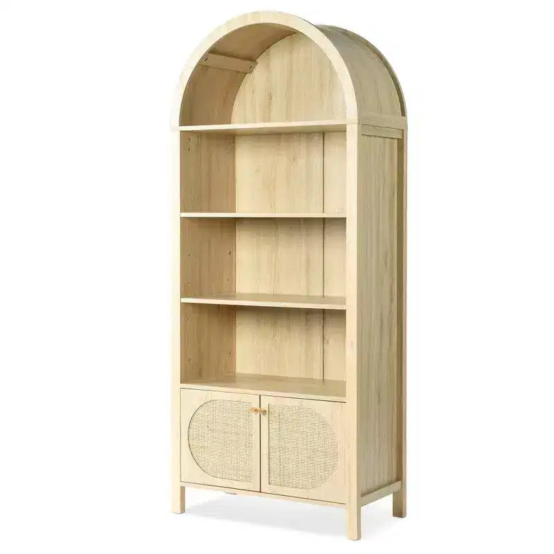 Oak Arched with 2 Doors Rattan 3-Shelf Display Cabinet