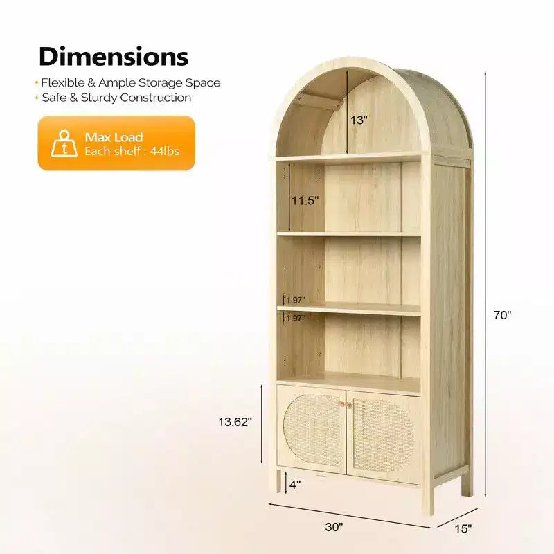 Oak Arched with 2 Doors Rattan 3-Shelf Display Cabinet
