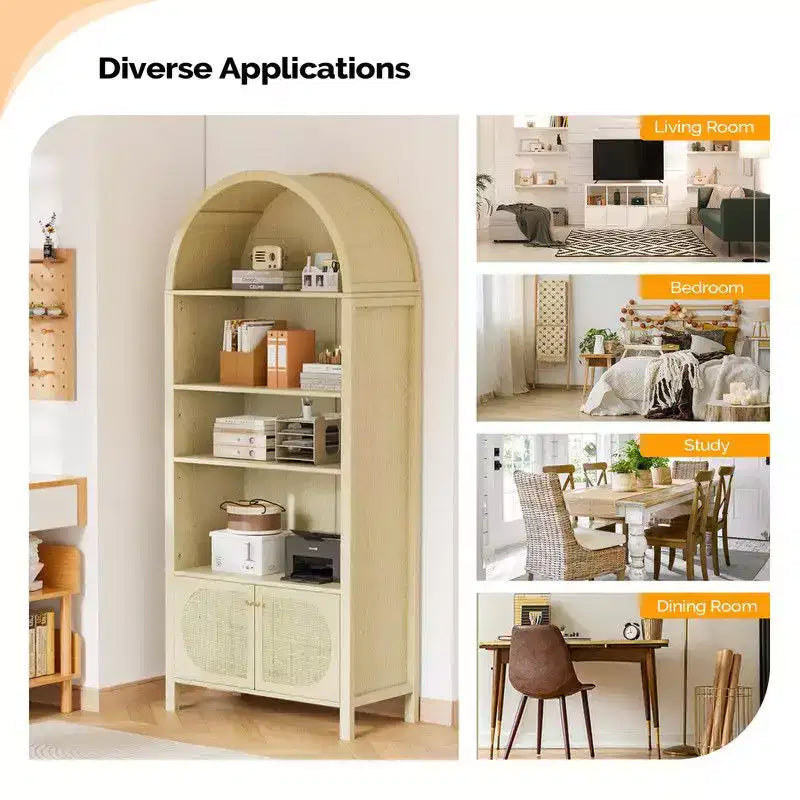 Oak Arched with 2 Doors Rattan 3-Shelf Display Cabinet