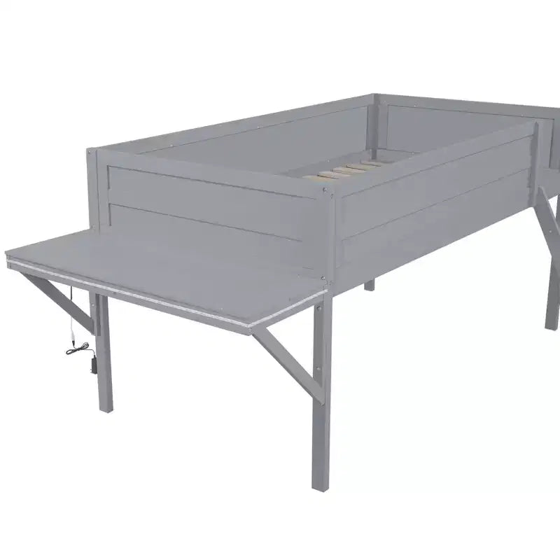 Wood Twin Size Gaming Loft Bed with Desk and LED, Wooden Bed Frame with Wood Desktop for Gaming Room