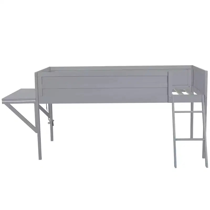 Wood Twin Size Gaming Loft Bed with Desk and LED, Wooden Bed Frame with Wood Desktop for Gaming Room