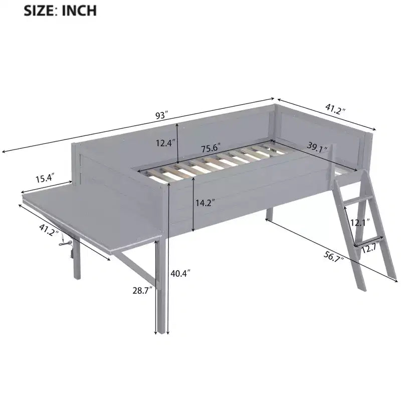 Wood Twin Size Gaming Loft Bed with Desk and LED, Wooden Bed Frame with Wood Desktop for Gaming Room