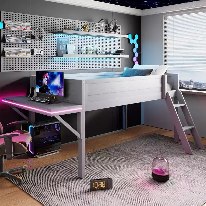 Wood Twin Size Gaming Loft Bed with Desk and LED, Wooden Bed Frame with Wood Desktop for Gaming Room