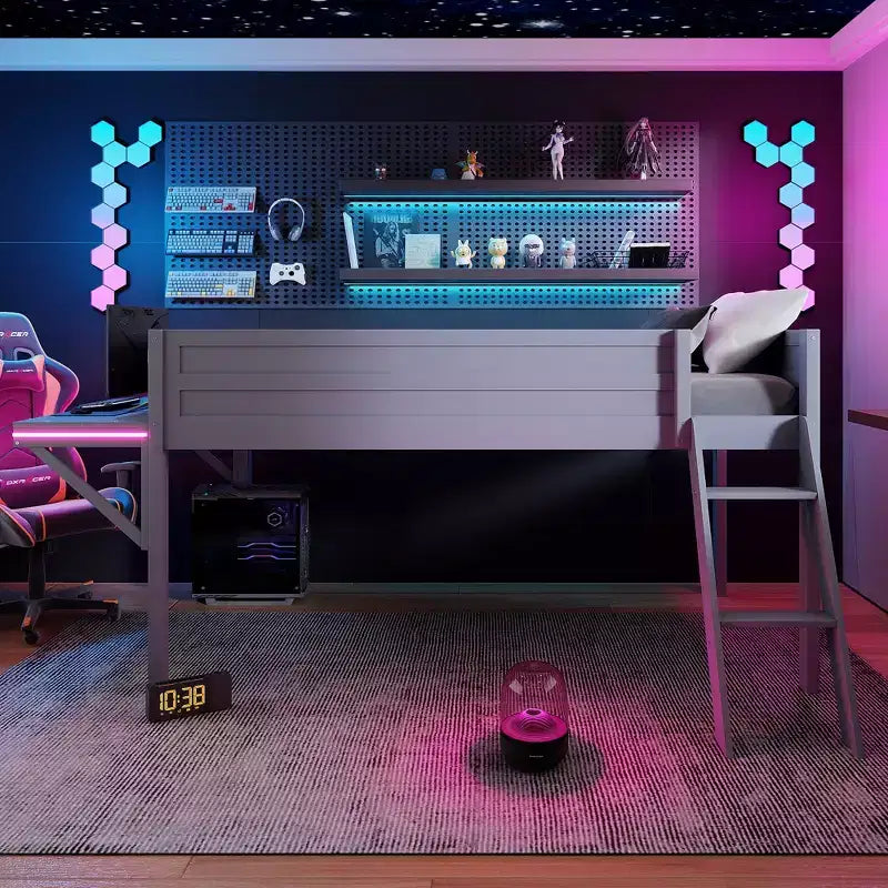 Wood Twin Size Gaming Loft Bed with Desk and LED, Wooden Bed Frame with Wood Desktop for Gaming Room