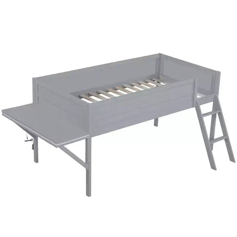 Wood Twin Size Gaming Loft Bed with Desk and LED, Wooden Bed Frame with Wood Desktop for Gaming Room