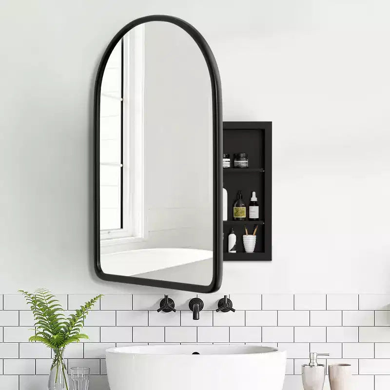 24 x 35.8in Modern Arch Bathroom Medicine Cabinets, Metal Framed Wall Mirror with Storage, Black