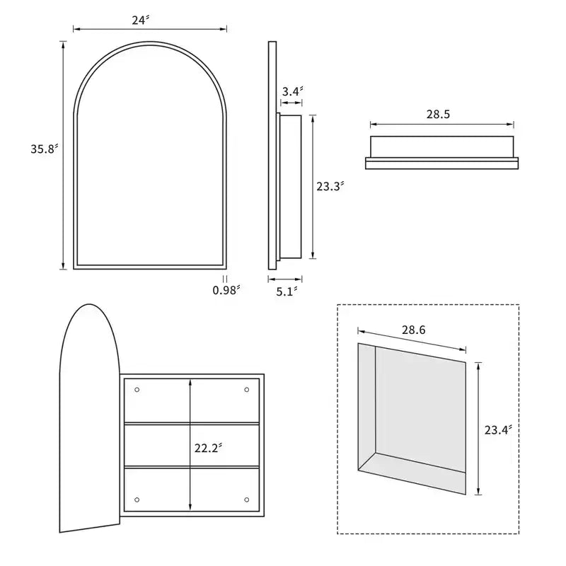 24 x 35.8in Modern Arch Bathroom Medicine Cabinets, Metal Framed Wall Mirror with Storage, Black