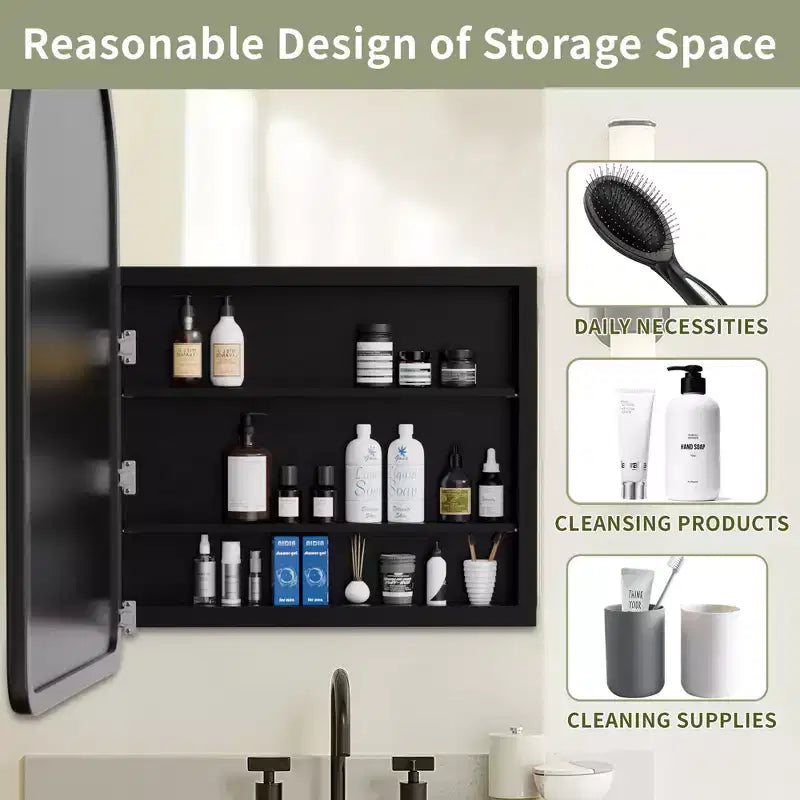24 x 35.8in Modern Arch Bathroom Medicine Cabinets, Metal Framed Wall Mirror with Storage, Black