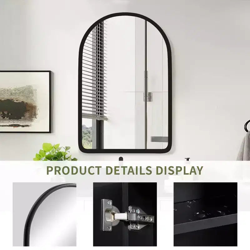 24 x 35.8in Modern Arch Bathroom Medicine Cabinets, Metal Framed Wall Mirror with Storage, Black