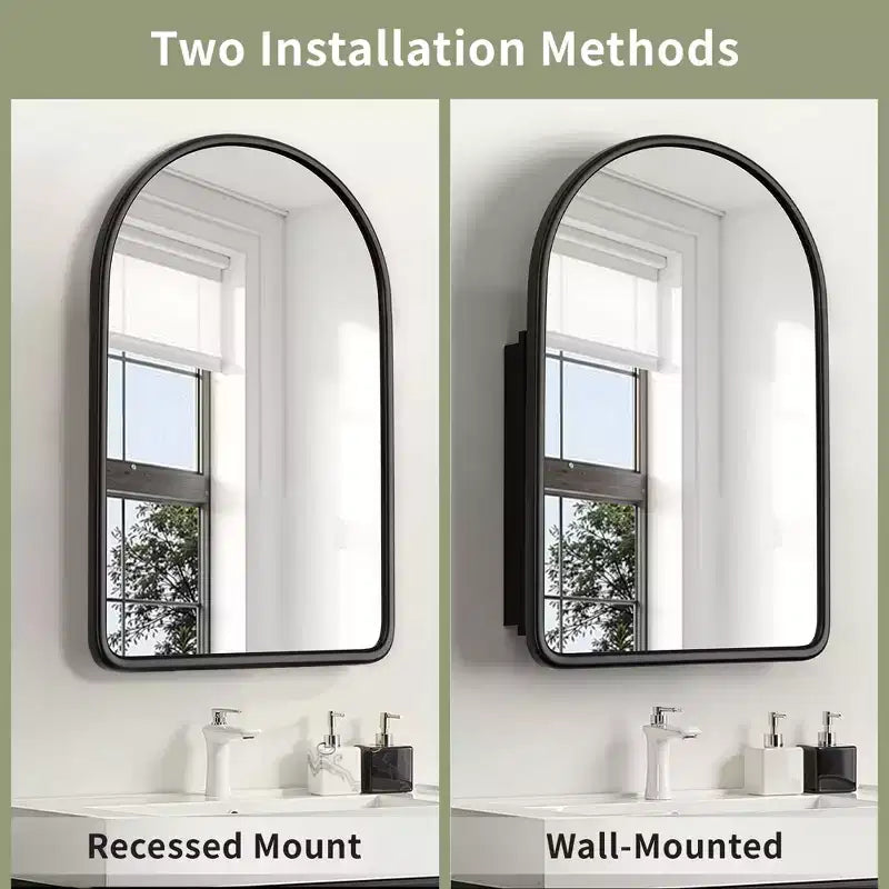 24 x 35.8in Modern Arch Bathroom Medicine Cabinets, Metal Framed Wall Mirror with Storage, Black