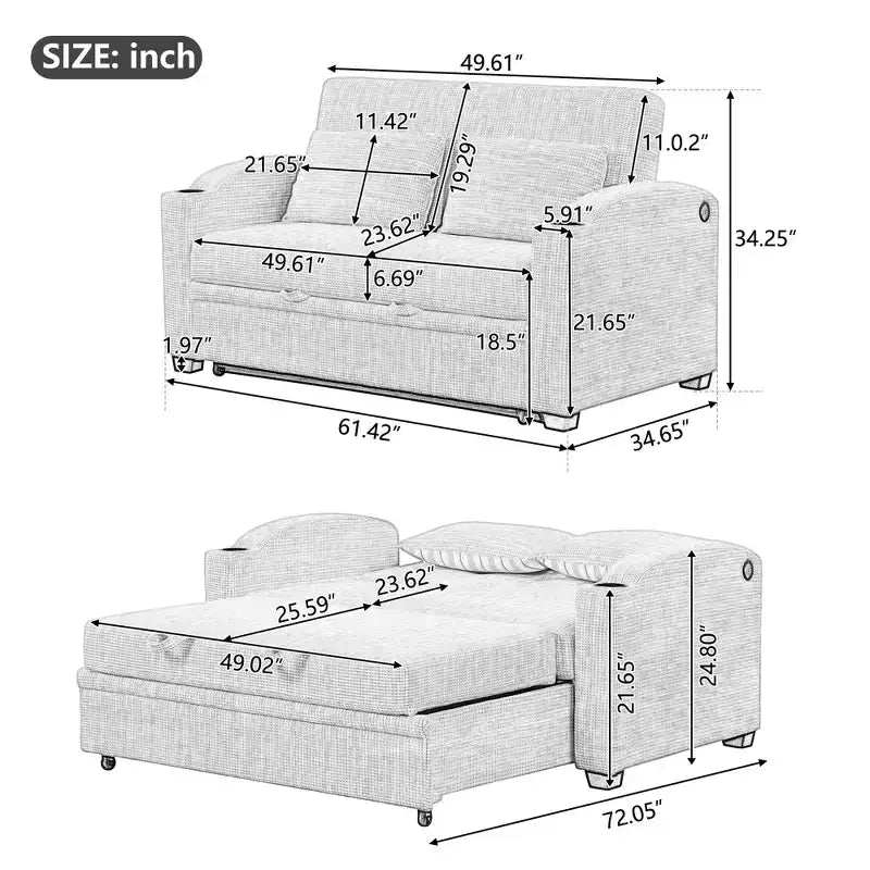 Convertible Sofa Bed with USB, Cup Holders & Adjustable Backrest