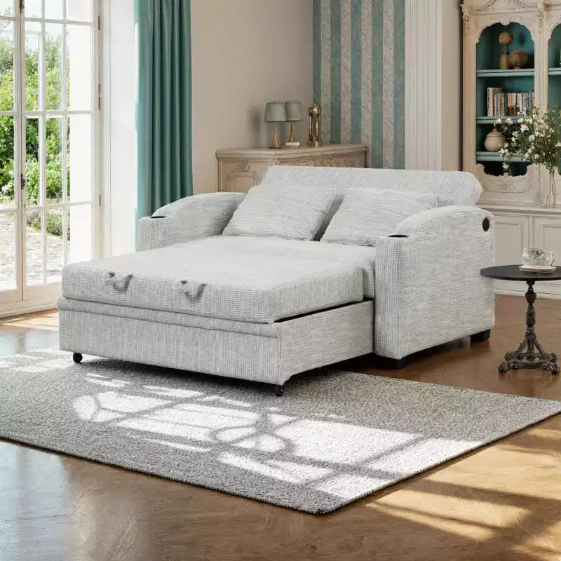 Convertible Sofa Bed with USB, Cup Holders & Adjustable Backrest