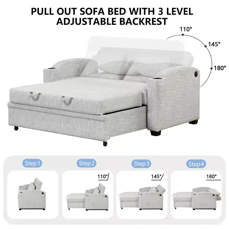 Convertible Sofa Bed with USB, Cup Holders & Adjustable Backrest