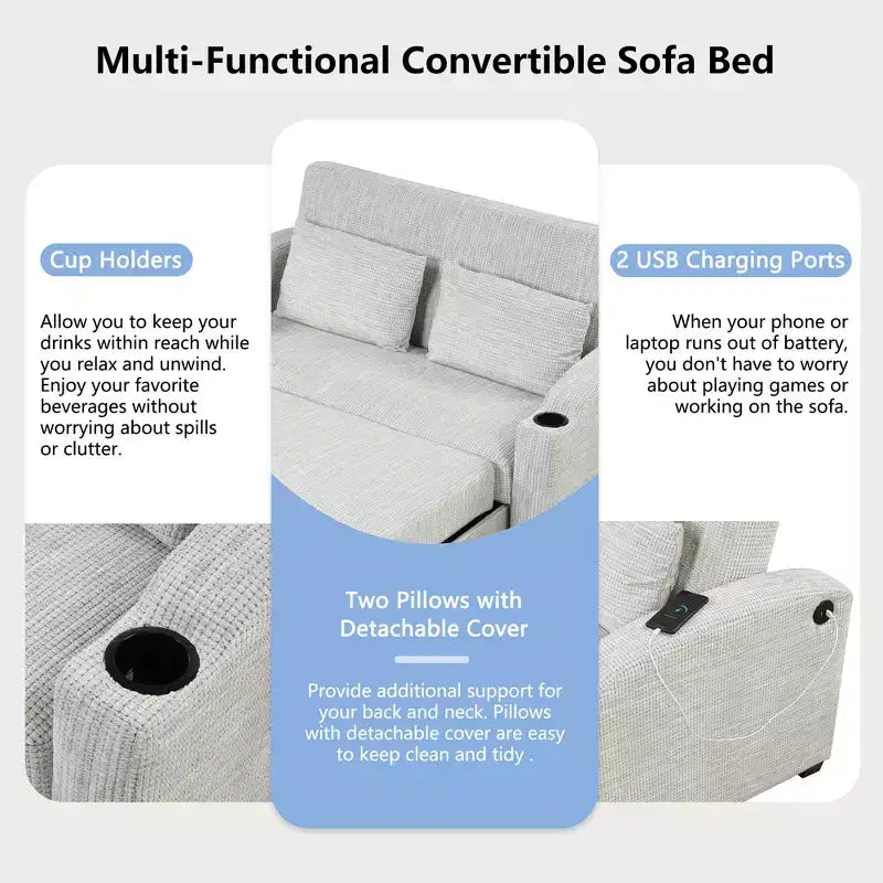 Convertible Sofa Bed with USB, Cup Holders & Adjustable Backrest