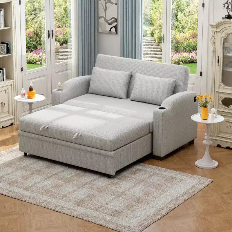 Convertible Sofa Bed with USB, Cup Holders & Adjustable Backrest