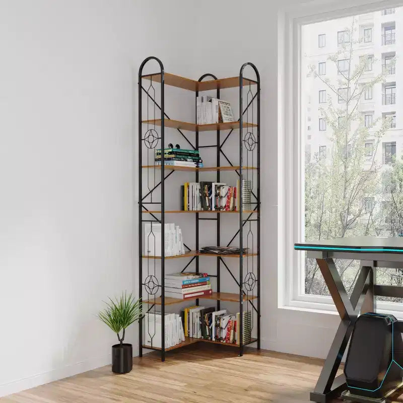 Okak 7-Tier Industrial Coner Shelf, Freestanding L Shaped Bookcase, Display Case for Living Room, Bedroom, Office, Brown