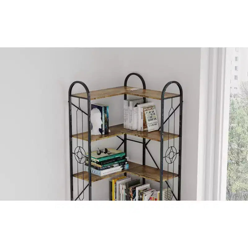 7-Tier Industrial Coner Shelf, Freestanding L Shaped Bookcase, Display Case for Living Room, Bedroom, Office, Brown