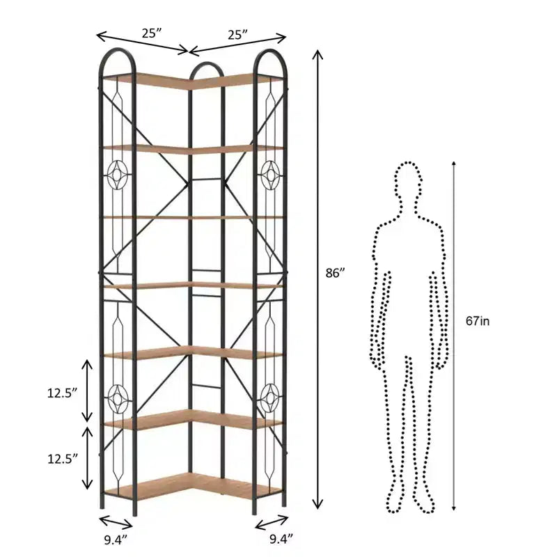 7-Tier Industrial Coner Shelf, Freestanding L Shaped Bookcase, Display Case for Living Room, Bedroom, Office, Brown