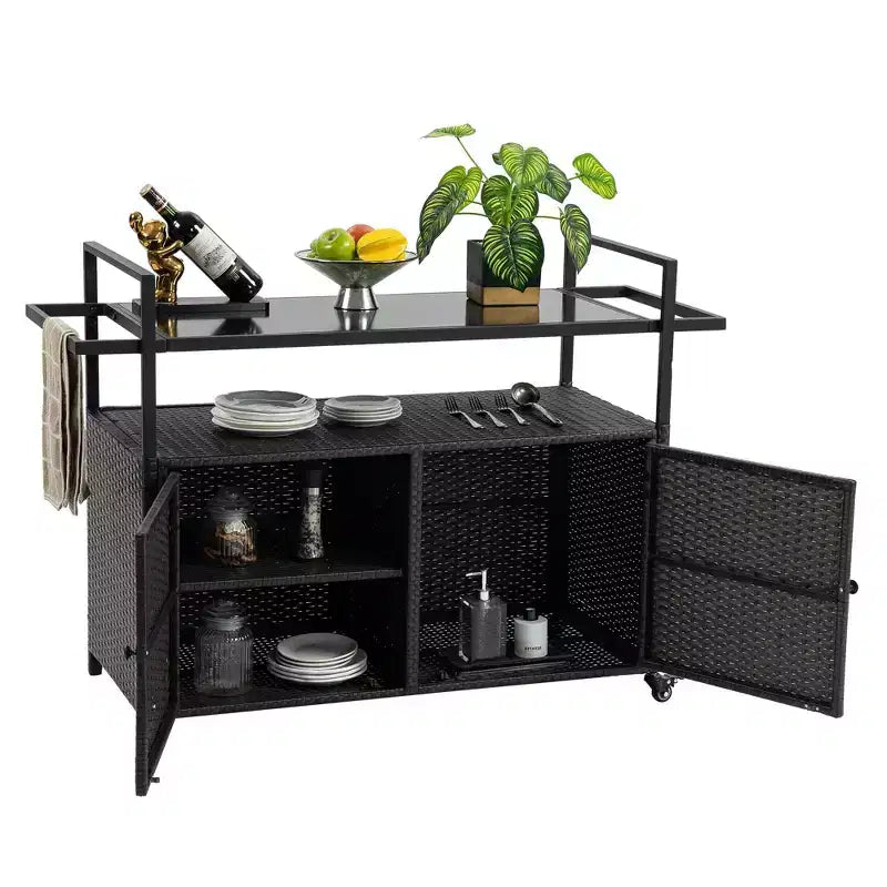 Bar Serving Cart Outdoor Wicker Wine and Beverage Counter with Glass Tabletop for Patio , Black, 51.18*19.69*35.43