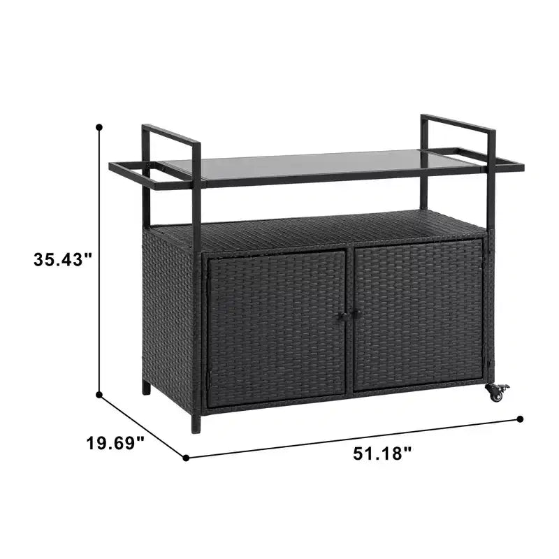 Bar Serving Cart Outdoor Wicker Wine and Beverage Counter with Glass Tabletop for Patio , Black, 51.18*19.69*35.43