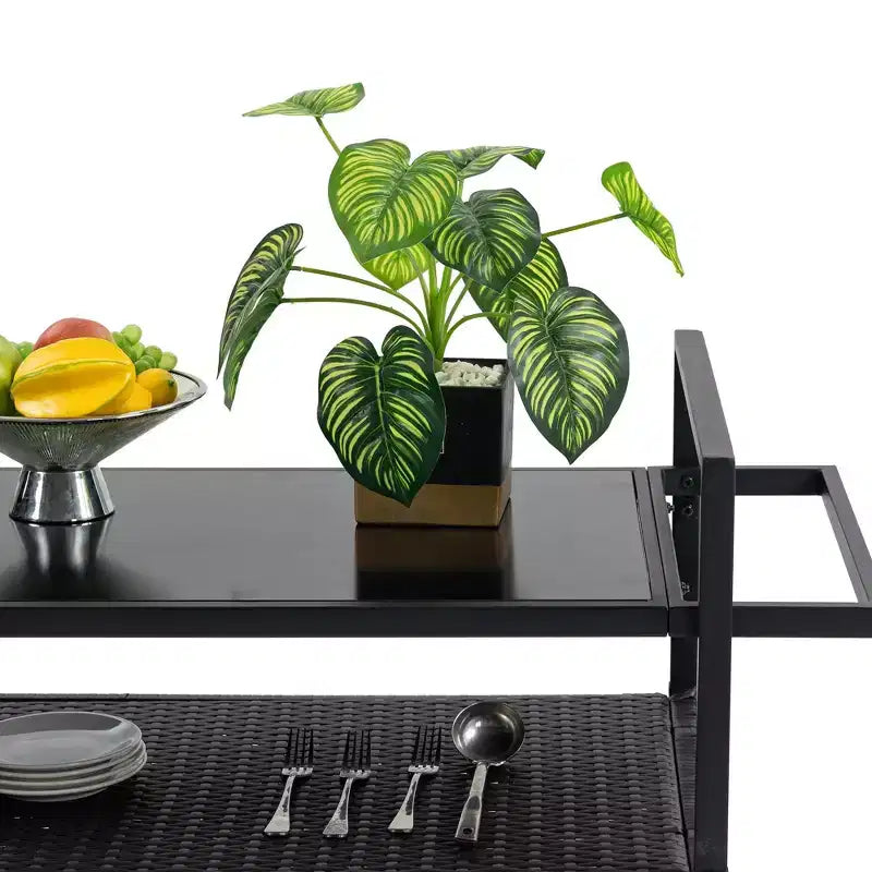 Bar Serving Cart Outdoor Wicker Wine and Beverage Counter with Glass Tabletop for Patio , Black, 51.18*19.69*35.43