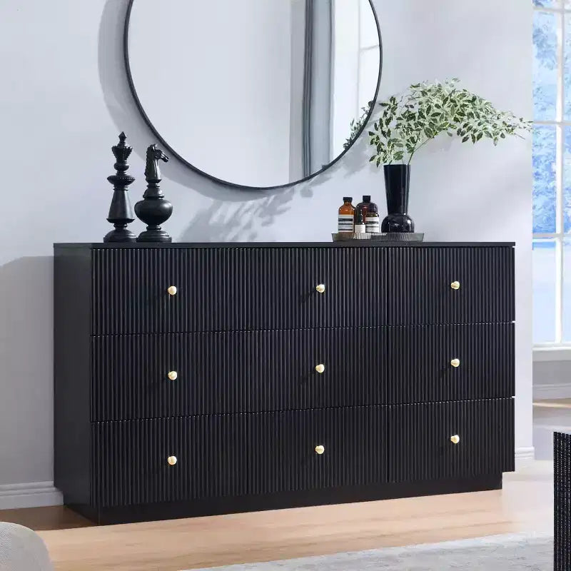 9 Drawer Fluted Dresser, 55 Wide Wood Chest of Drawers with Deep Storage, Modern Storage Organizer for Bedroom, Living Room