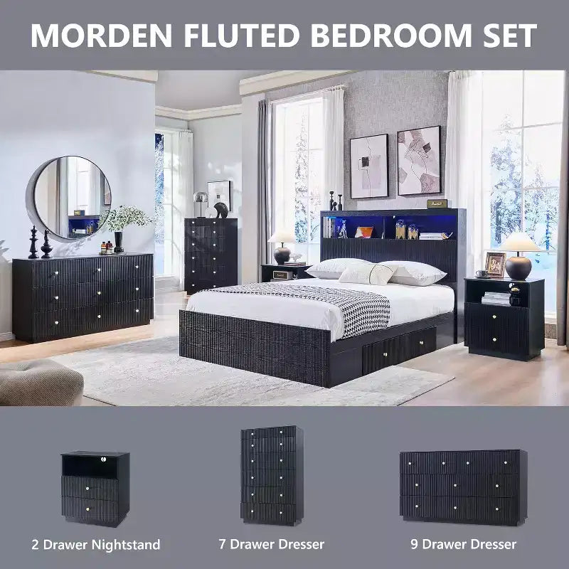 9 Drawer Fluted Dresser, 55 Wide Wood Chest of Drawers with Deep Storage, Modern Storage Organizer for Bedroom, Living Room
