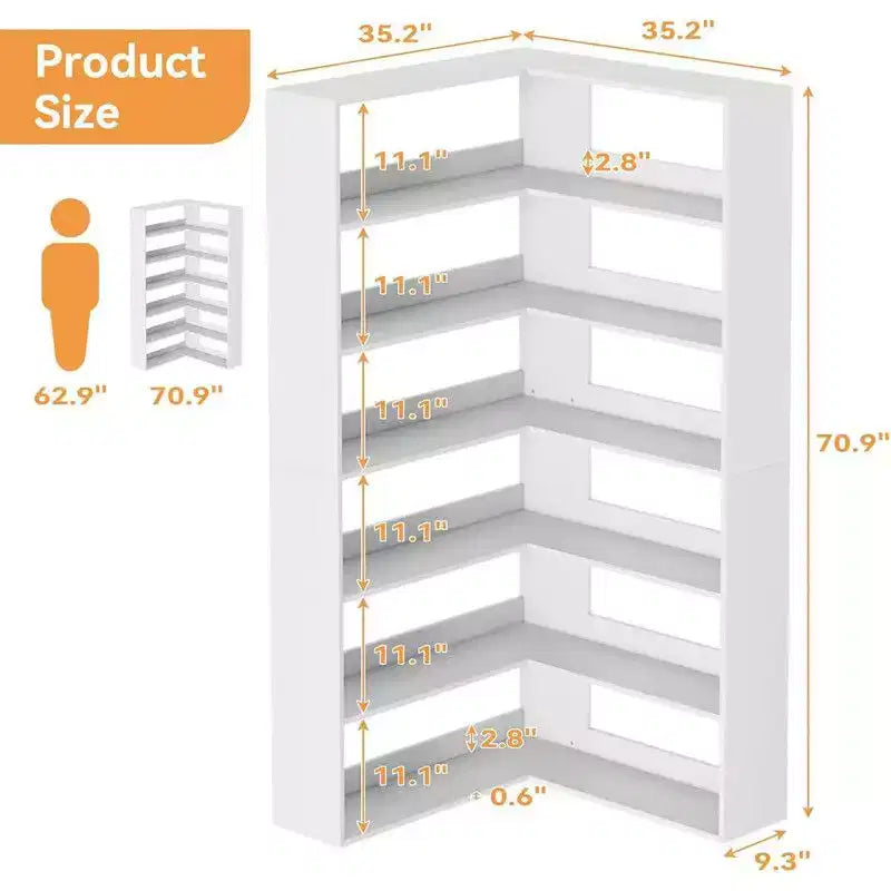 6 Tier Industrial Corner Bookshelf, L Shaped Bookcase with Baffles and Shelves, Large Storage Display Unit for Living Room, Home Office