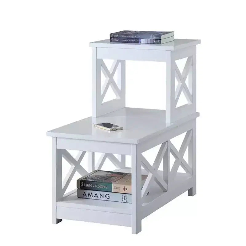 2 Step Chairside End Table with Chic L Shape Design and X Frame Sides, Multi Tier Storage Shelves for Living Room or Den Use