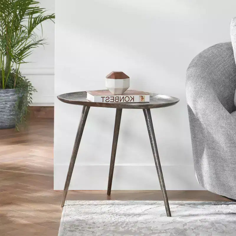 Metal End Table with Rounded Triangular Shape and Three Legs, Handcrafted Aluminum Side Table with Rustic Modern Finish