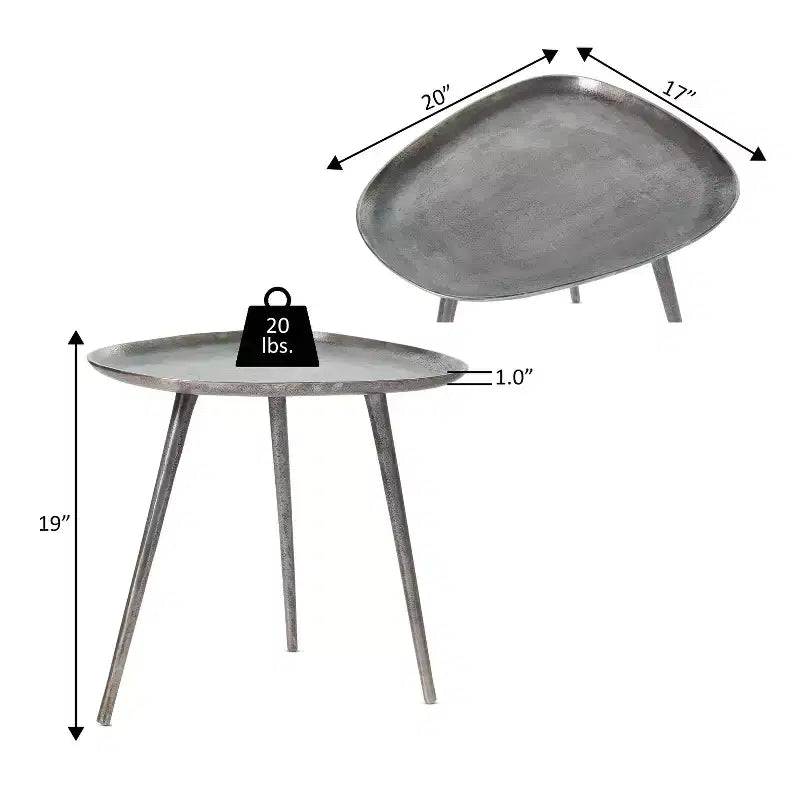 Metal End Table with Rounded Triangular Shape and Three Legs, Handcrafted Aluminum Side Table with Rustic Modern Finish